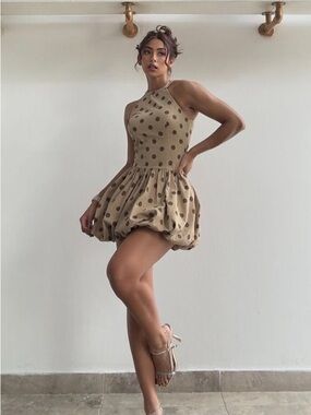 Sleeveless Halter Polka Dot Bubble Hem Mini Dress - Beige